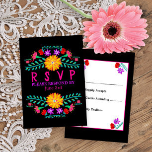 Mexikanische Fiesta Blume Black Quinceanera RSVP Karte