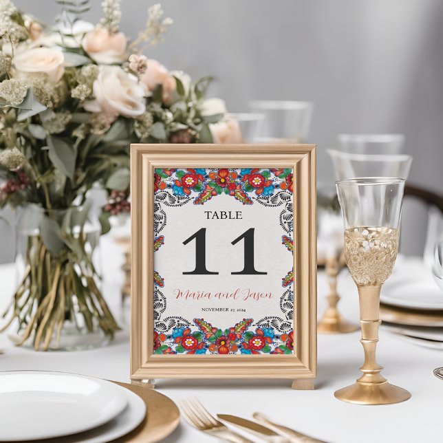 Mexikanische Fiesta Blume Botanische Hochzeit Tischnummer (Mexican Fiesta Colorful Flowers Botanical Wedding Table Number)