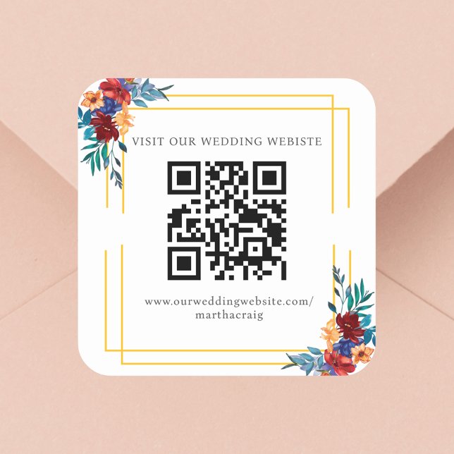 Mexikanische Fiesta-Blume Hochzeit QR-Code Quadratischer Aufkleber (Von Creator hochgeladen)