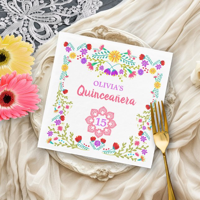 Mexikanische Fiesta-Blume in Quinceanera 15. Gebur Serviette (15th birthday napkins from my Mexican Fiesta Flowers Quinceanera Collection)