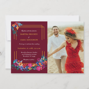 Mexikanische Fiesta-Blumen-Burgunder-Foto-Hochzeit Einladung