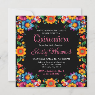 Mexikanische Fiesta-Blumen Schwarze Quinceanera Einladung