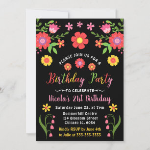 Mexikanische Fiesta-Blumen und schwarze Geburtstag Einladung