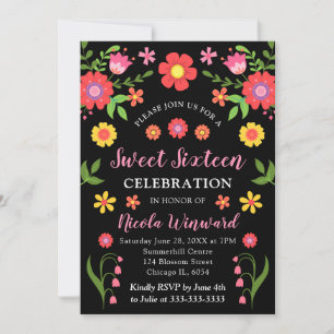 Mexikanische Fiesta Blumen und schwarze Sweet Sixt Einladung