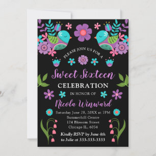 Mexikanische Fiesta-Blumen und schwarzer Sweet Six Einladung