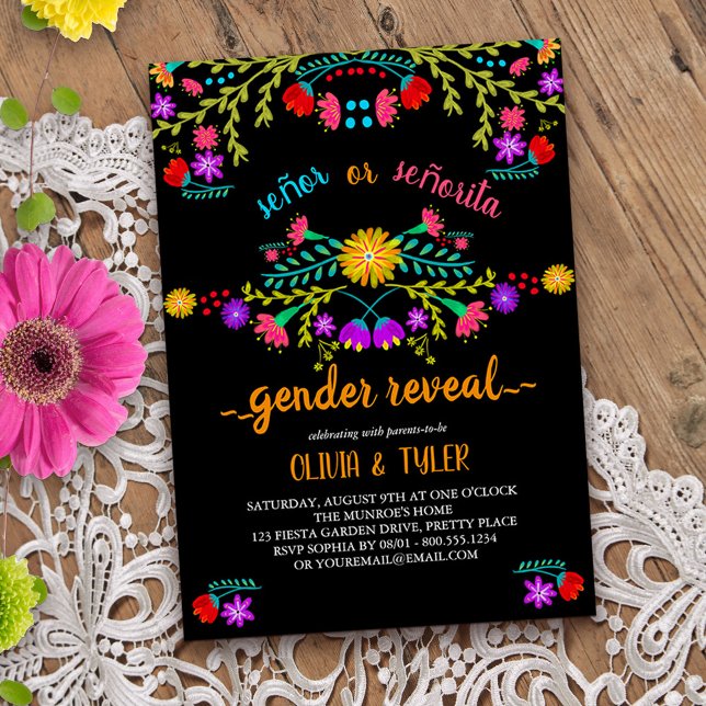 mexikanische Fiesta-Blütenschwarz-Genderoffenbarun Einladung (Gender reveal invitation from my Mexican Fiesta Floral collection
)