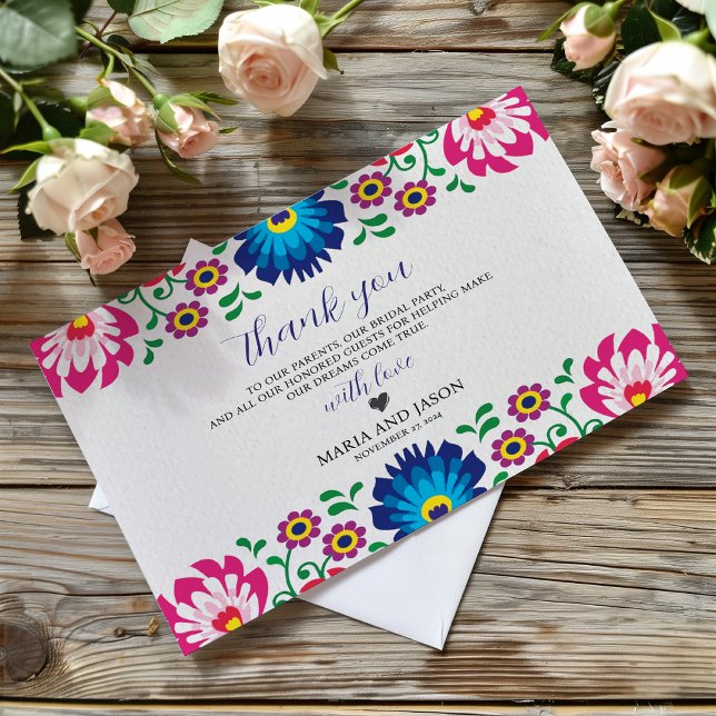 Mexikanische Fiesta-farbenfrohe botanische Hochzei Dankeskarte (Mexican Fiesta Colorful Floral Botanical Wedding Thank You Card)