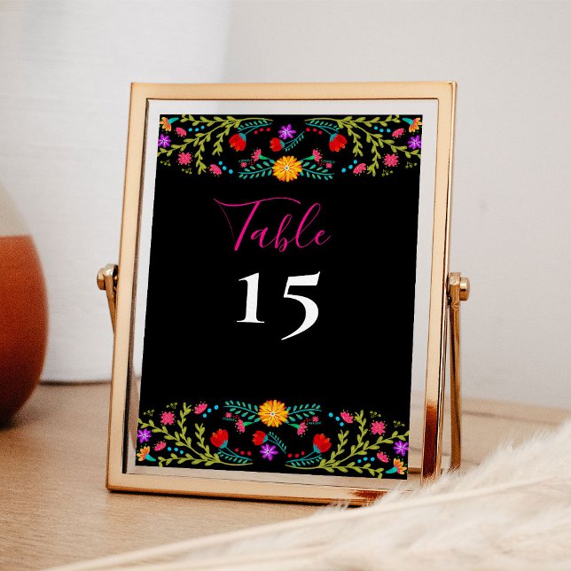 Mexikanische Fiesta farbenfrohe Schwarze Tischnumm Einladung (Table Number with Mexican Fiesta floral theme - available printed or as printable download)