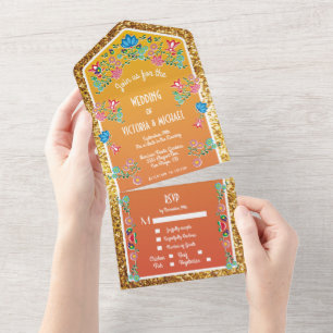 Mexikanische Fiesta Faux-Gold-Glitter-Blumen-Hochz All In One Einladung
