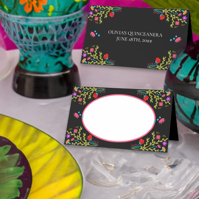 Mexikanische Fiesta-Flora mit Namensrahmen Platzkarte (Place card with space for guest name, personalized on the back and colorful mexican fiesta flowers)
