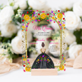 Mexikanische Fiesta-Flora-Prinzessin Gold Quincean Acryleinladungen