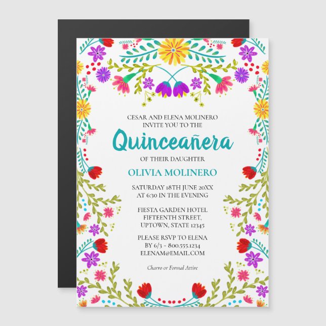 Mexikanische Fiesta Floral 15. Geburtstag Quincean Magneteinladung (Vorne/Hinten)
