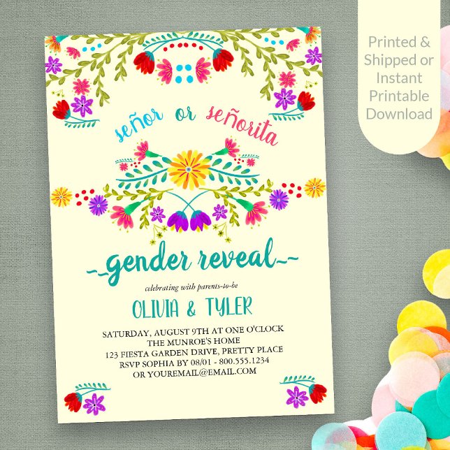mexikanische Fiesta Floral Lemon farbenfrohe Gende Einladung (Gender Reveal invitation with colorful Mexican Fiesta Floral design on light yellow)