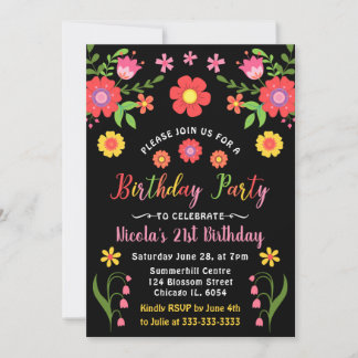 Mexikanische Fiesta Floral und Black Birthday Part Einladung