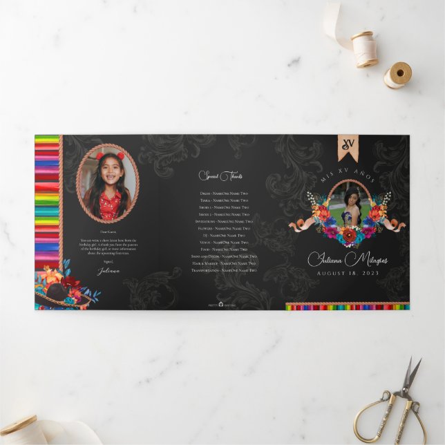 Mexikanische Fiesta Folk Art Floral Charro Quincea Dreifach Gefaltete Einladung (Außenbereich)