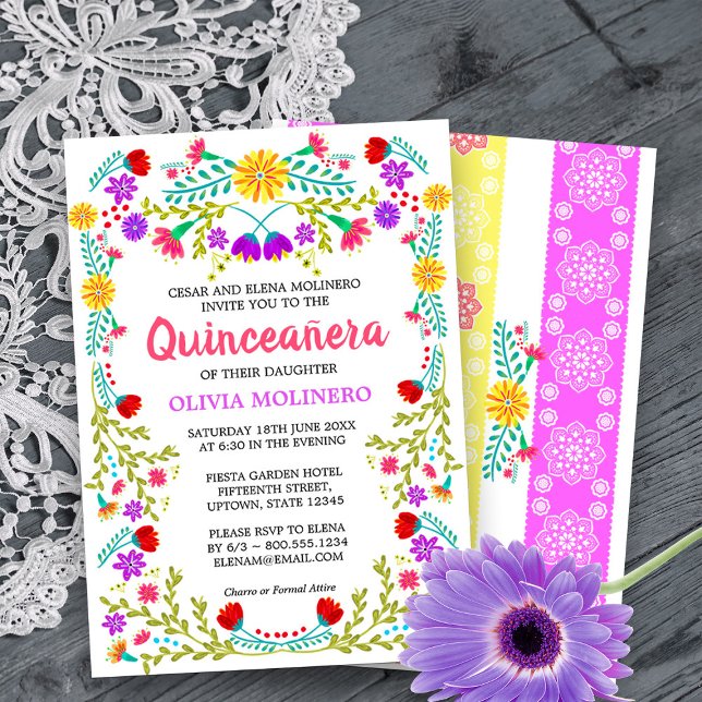 Mexikanische Fiesta Folk Art Floral Quinceanera Einladung (Quinceanera Invitation from my Mexican Fiesta Flowers Quinceanera Collection -printed or digital)