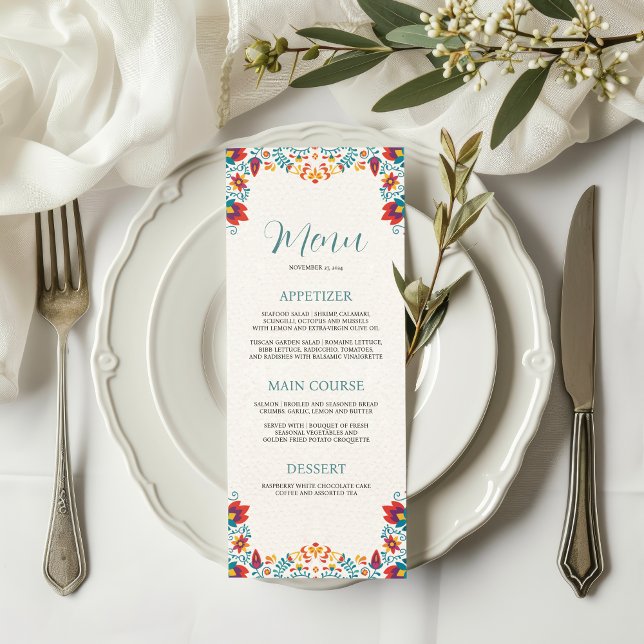 Mexikanische Fiesta-Hochzeit mit farbenfroher Flor Menükarte (Mexican Fiesta Colorful Floral Wedding Menu)