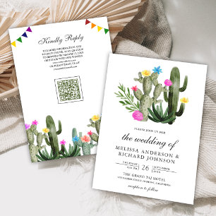 Mexikanische Fiesta-Kaktus-Blumen-QR-Code-Hochzeit Einladung
