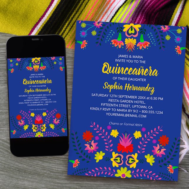 Mexikanische Fiesta Party Blume Blue Quinceanera Einladung (Quinceanera Invitation from my Mexican Fiesta Party collection - order printed or printable download)