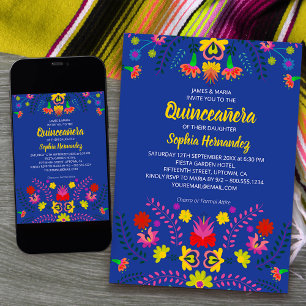 Mexikanische Fiesta-Party-Blumen Blaue Quinceanera Einladung