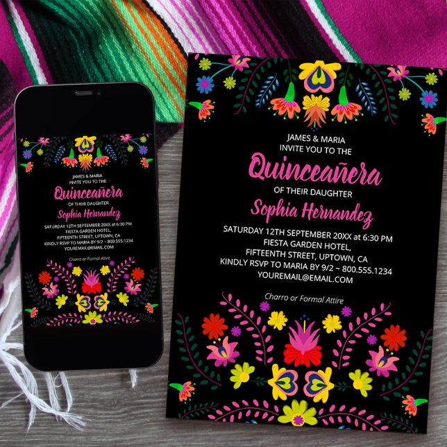 Mexikanische Fiesta Party Folk Blume Quinceanera Einladung (Quinceanera Invitation from my Mexican Fiesta Party collection
available printed or download)
