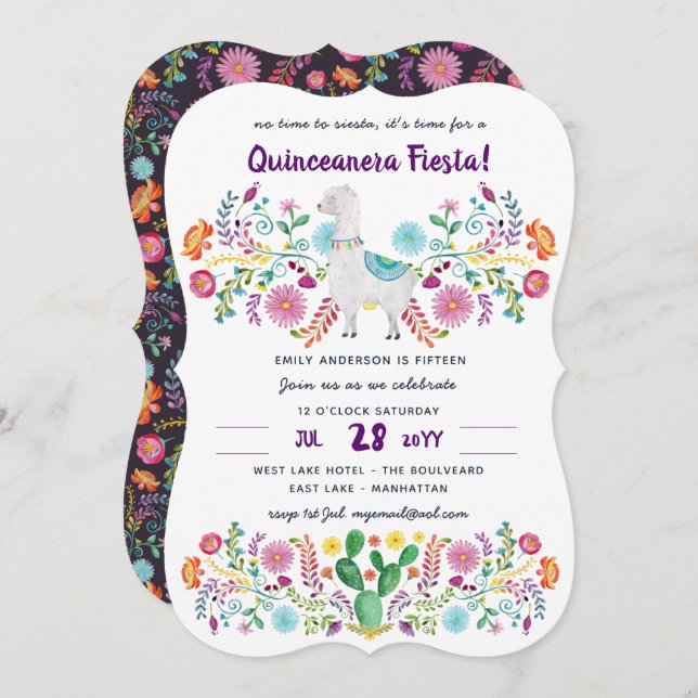 Mexikanische FIESTA Quinceanera Folk Blume Llama N Einladung (Vorne/Hinten)