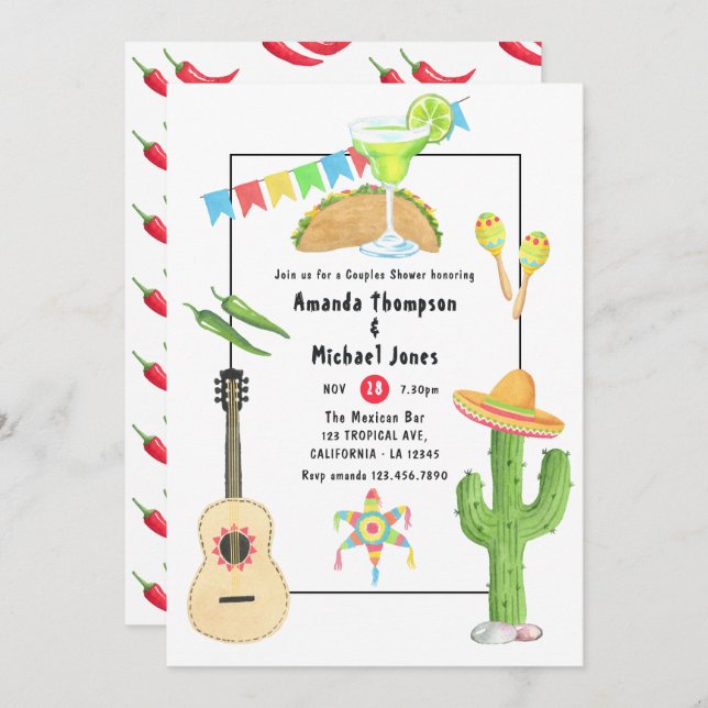 Mexikanische Fiesta Taco und Tequila Paare Dusche Einladung (Vorne/Hinten)