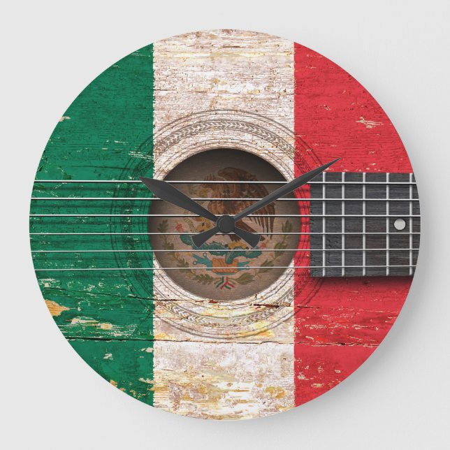 mexikanische Flagge für alte akustische Gitarre Große Wanduhr (Vorderseite)
