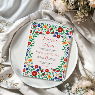 Mexikanische Florale Farbige Volkskunst Hochzeit Einladung