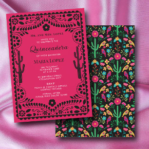 Mexikanische Florale Fiesta Rosa Schwarze Quinceañ Einladung