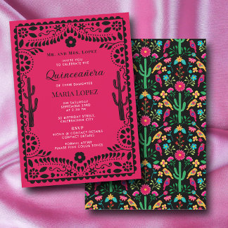 Mexikanische Florale Fiesta Rosa Schwarze Quinceañ Einladung