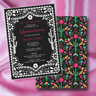 Mexikanische Florale Fiesta Rosa Schwarze Quinceañ Einladung