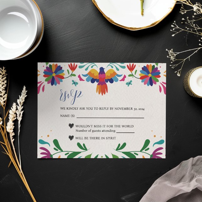 Mexikanische Folklorekunst farbenfrohe Blumenfeier RSVP Karte (Mexican Folk Art Colorful Floral Fiesta Wedding RSVP Card)