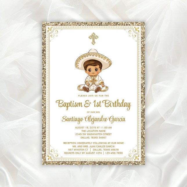 Mexikanische Gold Charro Taufe & Geburtstagseinlad Einladung (Adorable little charro baptism invitation. All of the text can be changed as needed for your event.)