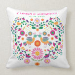 Mexikanische Kissen<br><div class="desc">Dieses schöne Kissen kennzeichnet wunderliches u. verwickeltes mexikanisches Blumenmuster im heißen Rosa, lila, Orange, Grünes, Gelbes und im Türkis. Personifizieren Sie das Kissen mit den Namen der Braut und des Bräutigams und auch des Hochzeitsdatums. Die Hintergrundfarbe des Kissens ist Set zum Weiß, aber fühlt sich frei, eine neue Füllefarbe zu...</div>