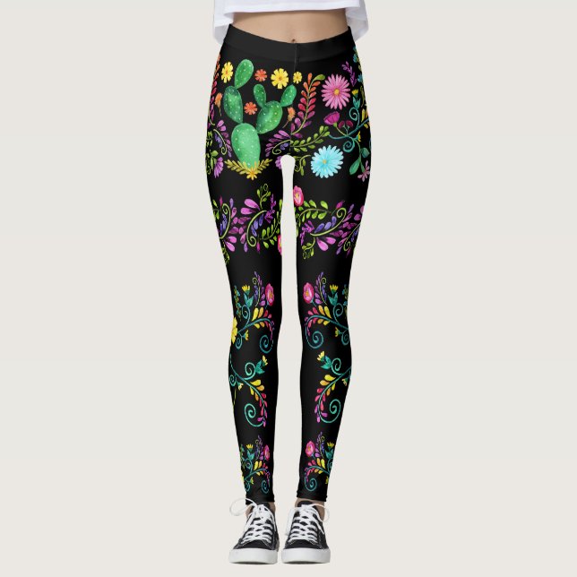 Mexikanische lackierte Aquarellfarben Blume Pop Le Leggings (Vorderseite)