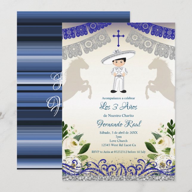 Mexikanische Marine Blue Invitaciones Tres Anos Einladung (Vorne/Hinten)
