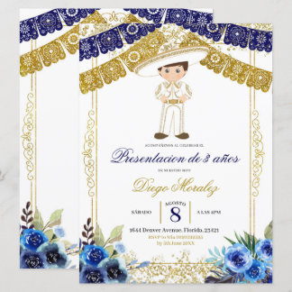 Mexikanische Marine Blue und Gold Charro Los 3 añ Einladung