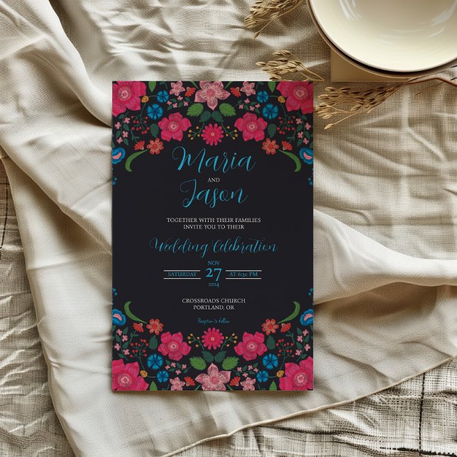 Mexikanische Marine florale farbenfrohe Boda Hochz Einladung (Mexican Navy Floral Colorful Elegant Boda Wedding Invitation)