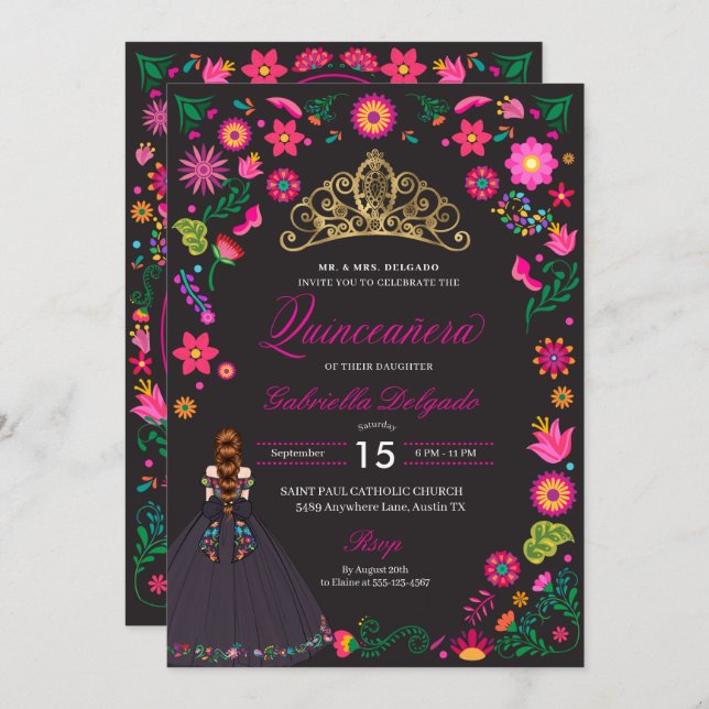 mexikanische Otomi Stickerei Quinceañera Einladung (Vorne/Hinten)