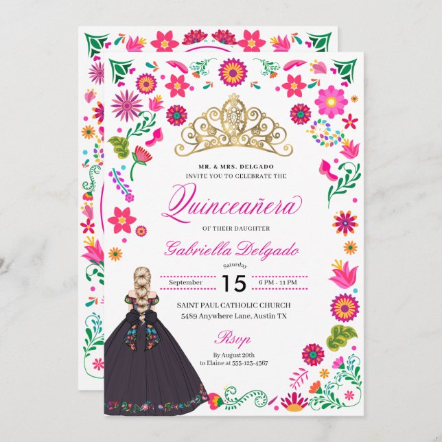 mexikanische Otomi Stickerei Quinceañera Einladung (Vorne/Hinten)