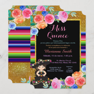 Mexikanische Party Gold Schwarzes Kleid Quinceañer Einladung