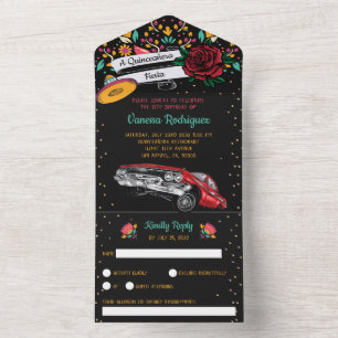 Mexikanische Quinceañera-Party floral rot Lowrider All In One Einladung