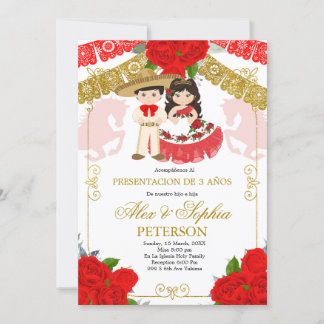 Mexikanische Rose Rot und Gold Twin Los Tres Anos Einladung
