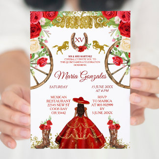 Mexikanische Rote Rose Charra Mis XV Anos Einladun Einladung