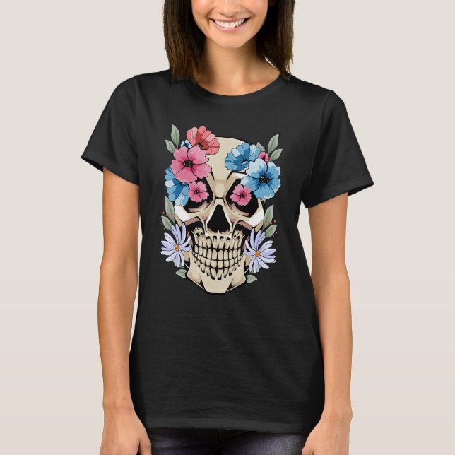 mexikanische Schädel-Blume Ästhetische Fantasie Sk T-Shirt (Vorderseite)