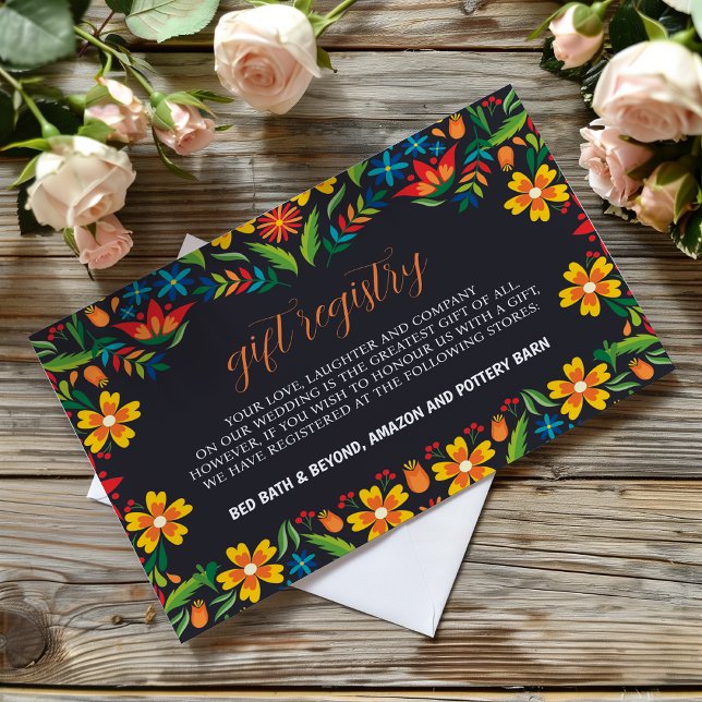 Mexikanische Schwarz-Flora-farbene Botanische Hoch Begleitkarte (Mexican Black Floral Colorful Botanical Wedding Enclosure Card)
