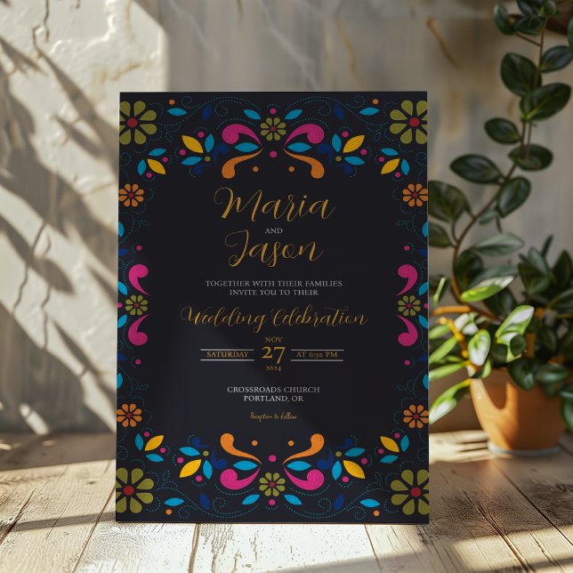 Mexikanische Schwarze Fiesta farbenfrohe Boda-Hoch Einladung (Mexican Black Fiesta Colorful Floral Boda Wedding Invitation)