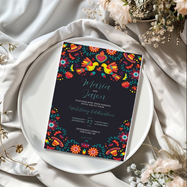 Mexikanische Schwarze Fiesta Sombrero Folk Art Wed Einladung (Mexican Black Fiesta Sombrero Folk Art Wedding Invitation)