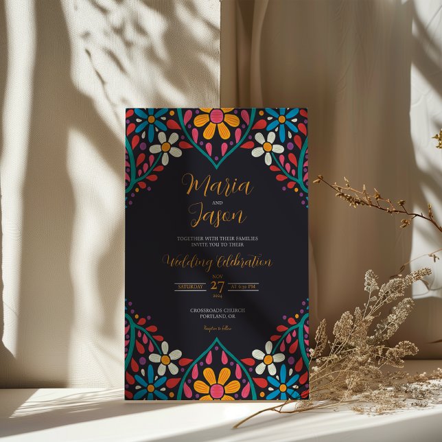 Mexikanische Schwarze Flora Blume Boda Wedding Einladung (Mexican Black Floral Colorful Flowers Boda Wedding Invitation)